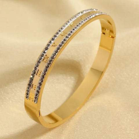 Dazzling Crystal & Roman Numeral Gold Bangle
