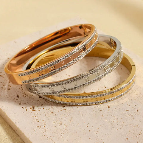 Dazzling Crystal & Roman Numeral Gold Bangle