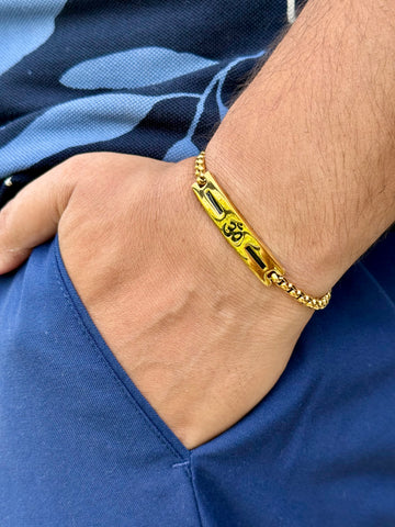 Premium Gold Om Loose Bracelet For Men With Black Line Pattern
