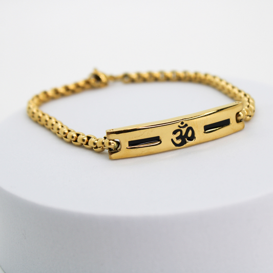 Premium Gold Om Loose Bracelet For Men With Black Line Pattern