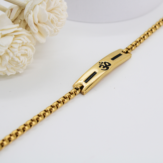 Premium Gold Om Loose Bracelet For Men With Black Line Pattern