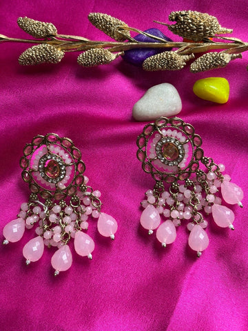 Traditional Red and Mehendi Gold Chandbali Earrings with Beaded Danglers