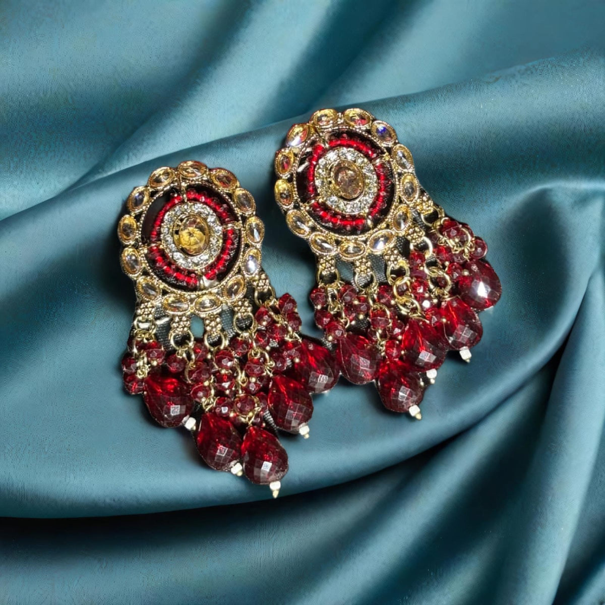 Traditional Red and Mehendi Gold Chandbali Earrings with Beaded Danglers