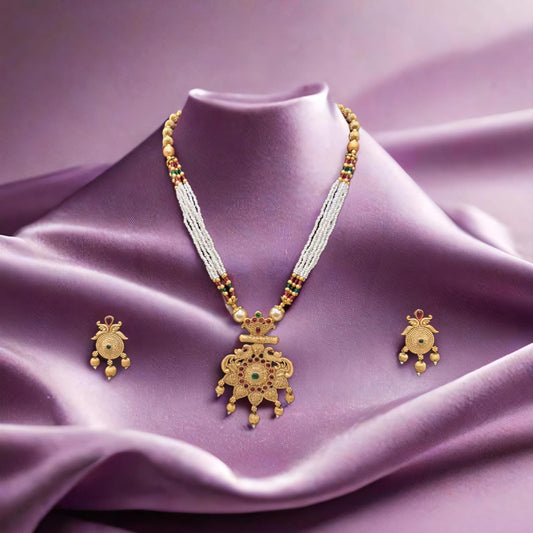 Traditional South Indian Temple Jewelry Set with Pearl Beads and Gold Plated Pendant