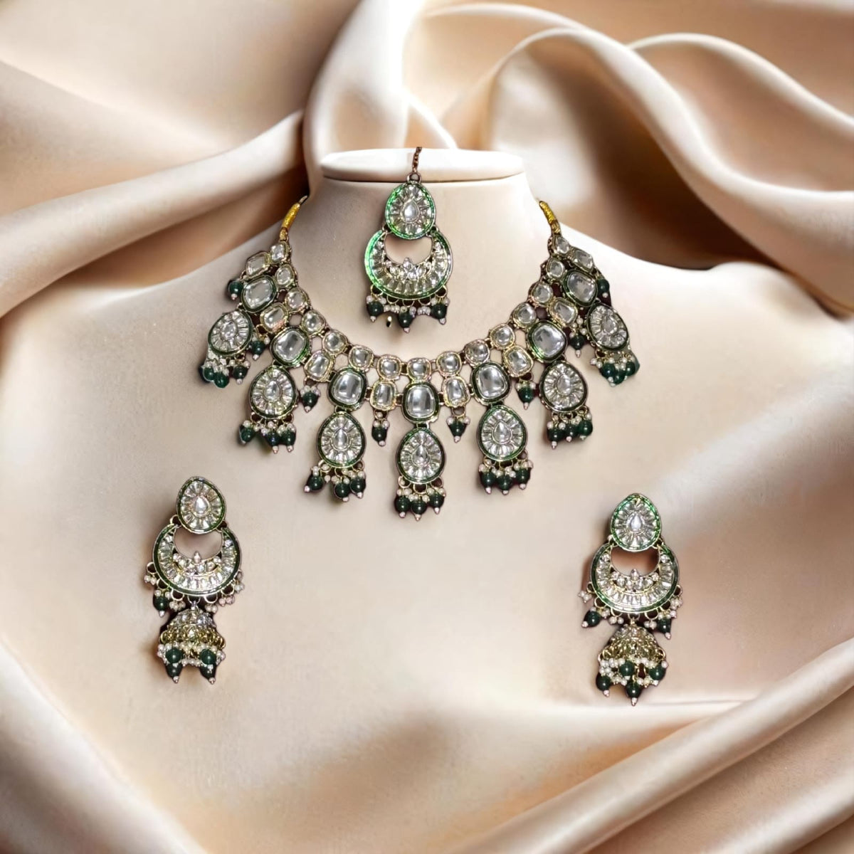 Traditional Kundan Green and White Bridal Necklace Set