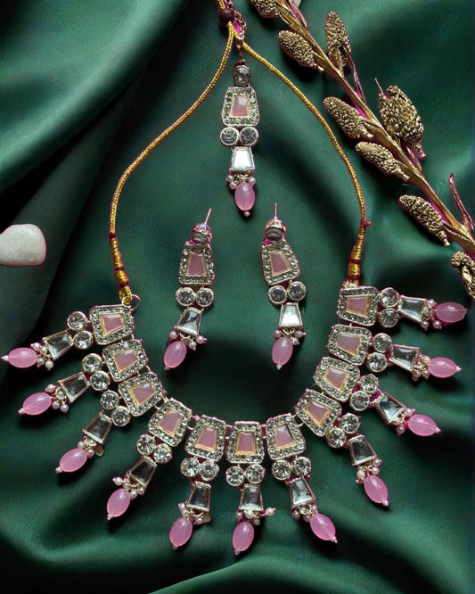 Luxurious Pink & Crystal Choker Necklace with Matching Earrings