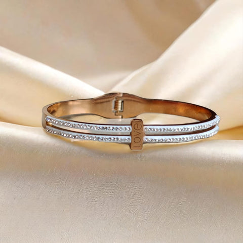 'Love' Rose Gold Bangle Bracelet with Crystal Accents