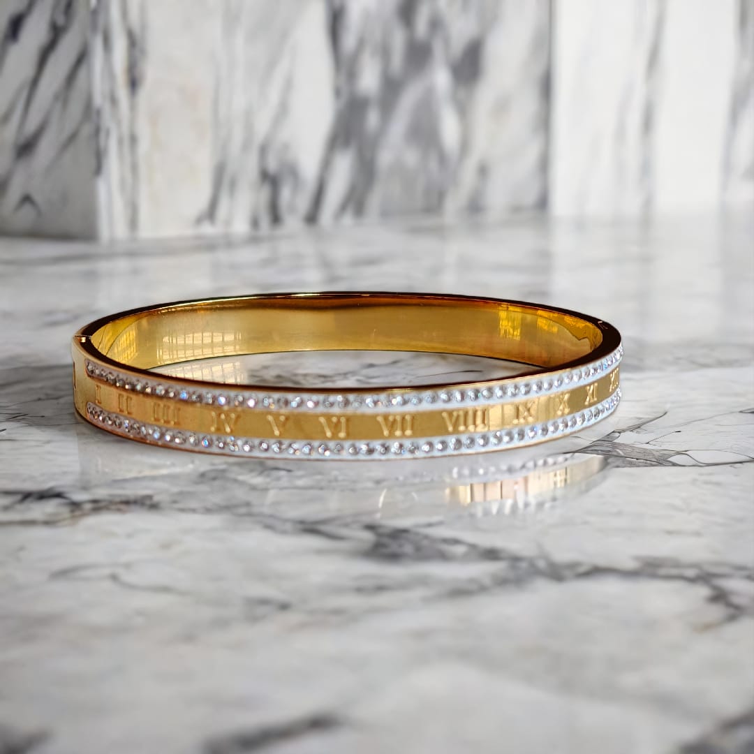 Dazzling Crystal & Roman Numeral Gold Bangle