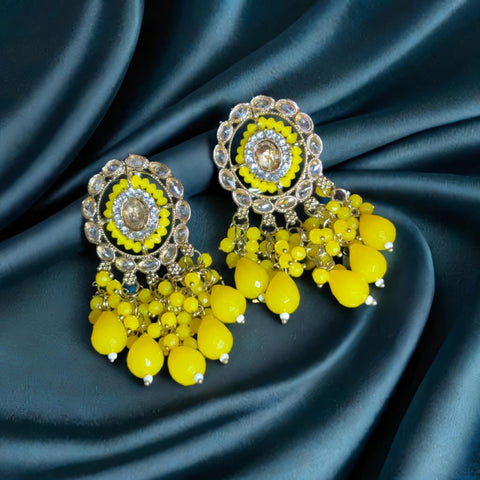 Traditional Red and Mehendi Gold Chandbali Earrings with Beaded Danglers