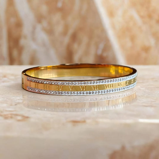 Dazzling Crystal & Roman Numeral Gold Bangle